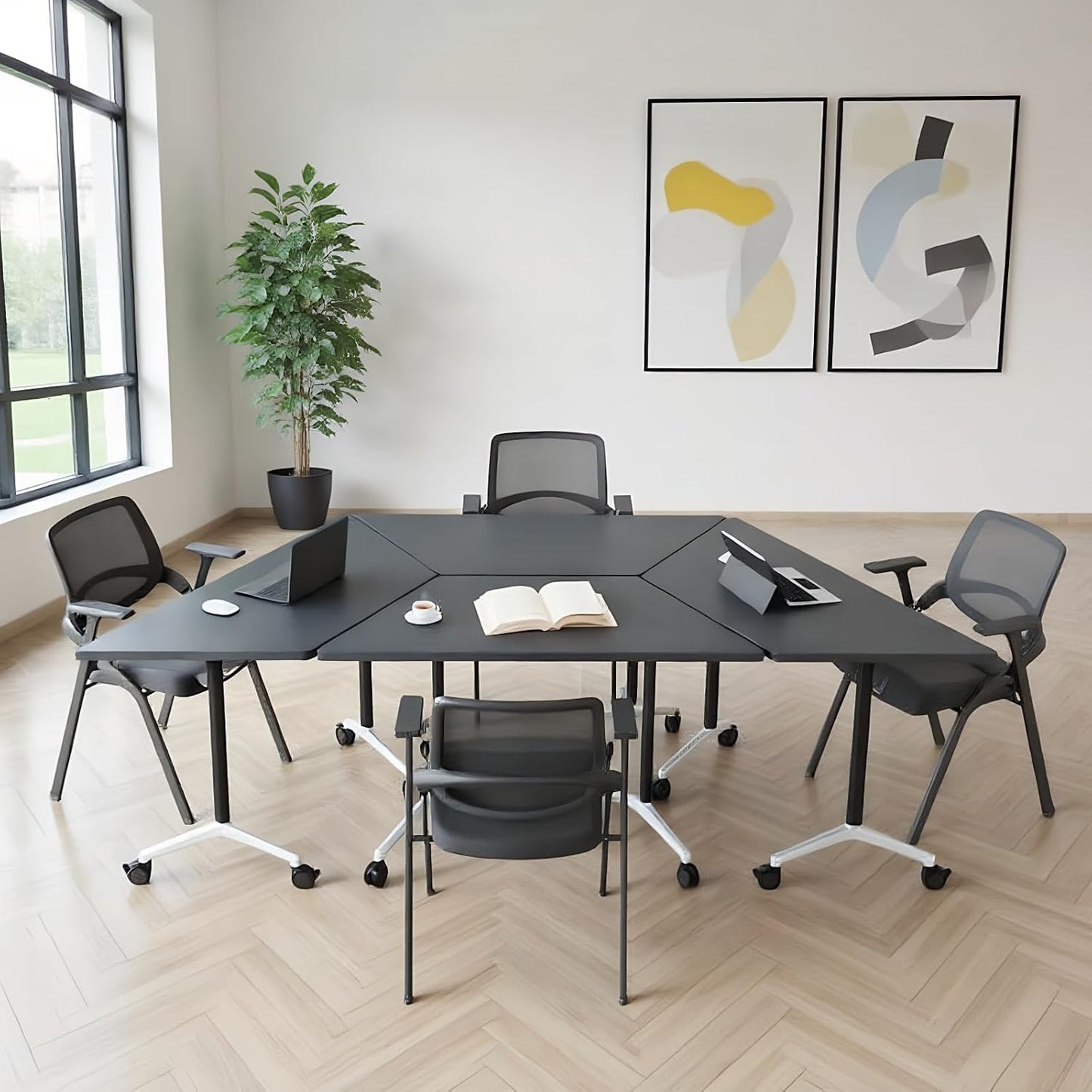 Folding Conference Room Table with Wheels, Flip Top Mobile Training Room Tables, Modular Rolling Meeting Table, Space Saving Conference Tables for Office Classroom Seminar, 6-12 Person(2Pcs)
