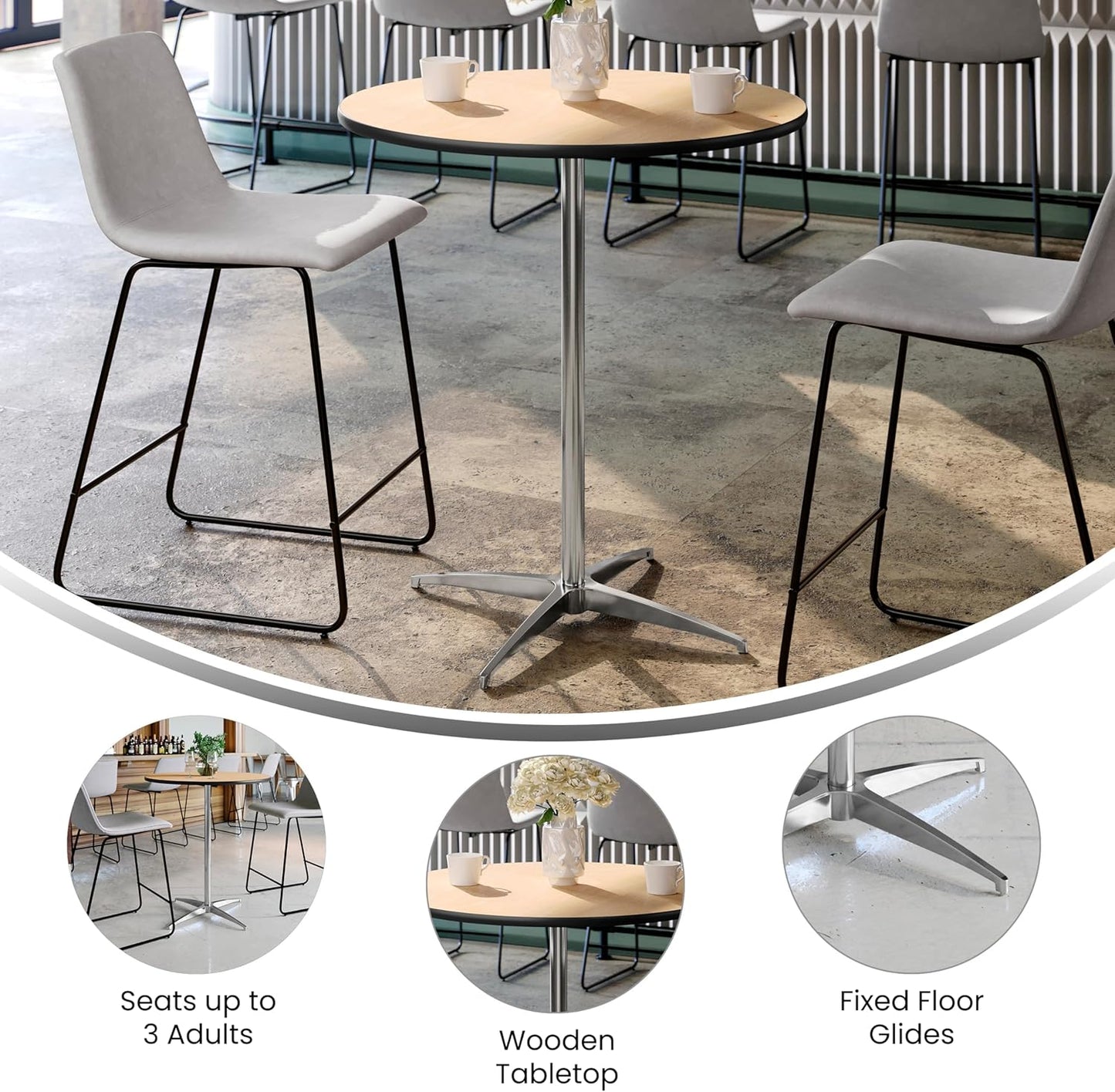 Lars Set of 5 Commercial Cocktail Tables - Natural Finish Birchwood Tops - 30" round - Includes 30'' and 42'' Columns - for Indoor/Outdoor Use