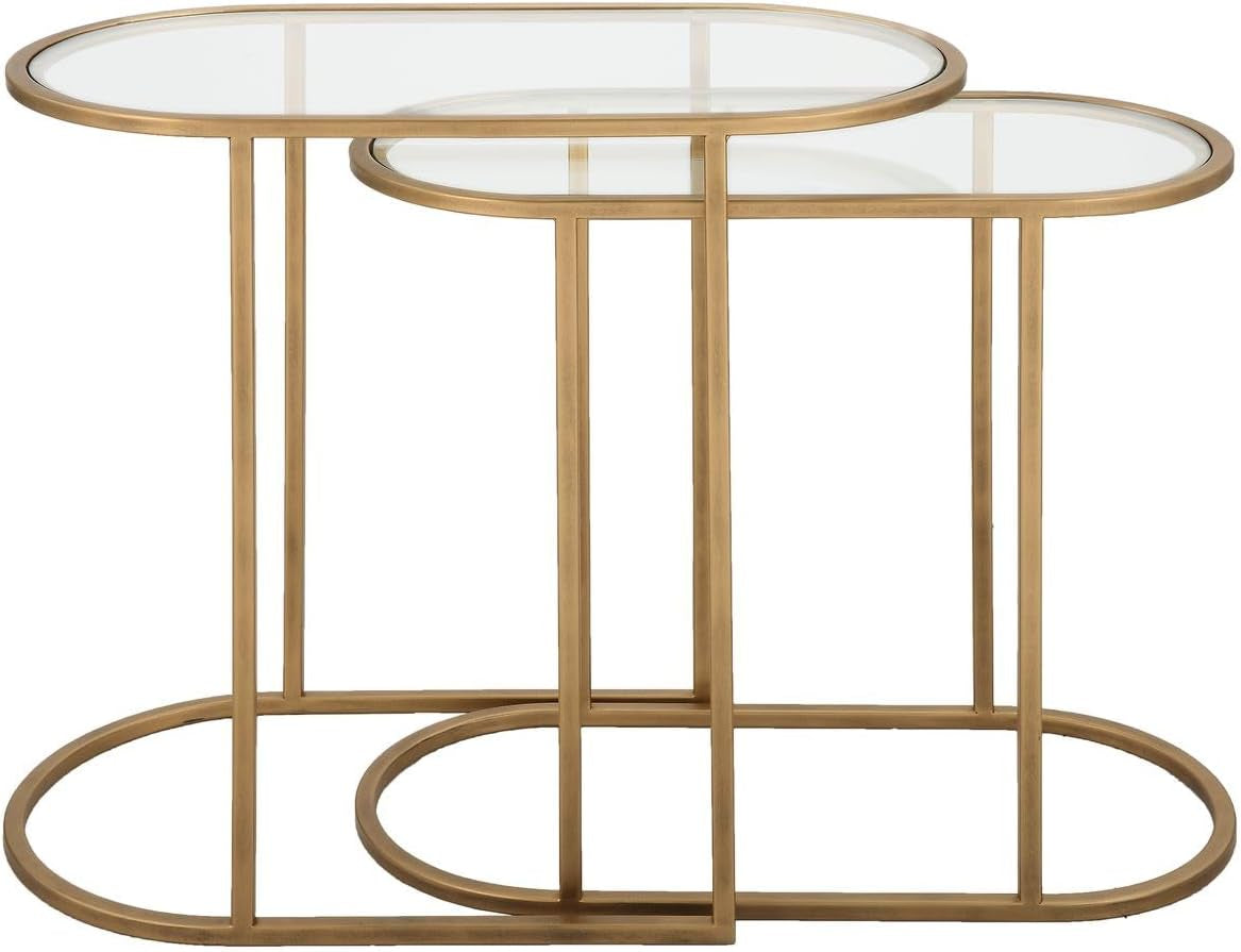 Strada Nesting Tables Set of 2 | Antique Brushed Brass and Clear Tempered Glass Top (Medium: 22 In. W X 19.5 In. H X 10.5 In. D; Large: 24 In. W X 22 In. H X 12.5 In. D)