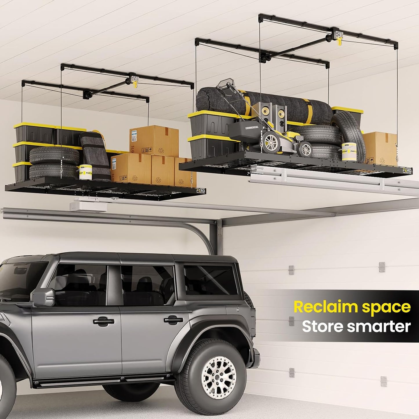 Overhead Garage Storage Rack 4X8, 500 Lb Heavy-Duty Capacity, Ceiling Mounted Storage Lift with Safety Lock, Drop down Overhead Storage System, Garage Ceiling Hoist Organizer