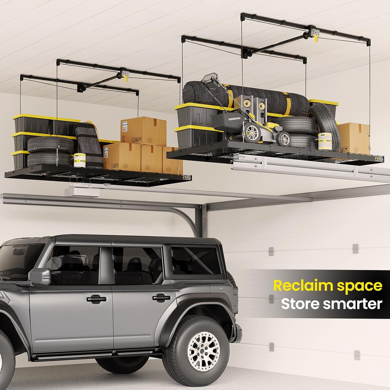 Overhead Garage Storage Rack 4X8, 500 Lb Heavy-Duty Capacity, Ceiling Mounted Storage Lift with Safety Lock, Drop down Overhead Storage System, Garage Ceiling Hoist Organizer
