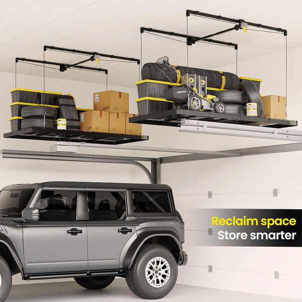 Overhead Garage Storage Rack 4X8, 500 Lb Heavy-Duty Capacity, Ceiling Mounted Storage Lift with Safety Lock, Drop down Overhead Storage System, Garage Ceiling Hoist Organizer