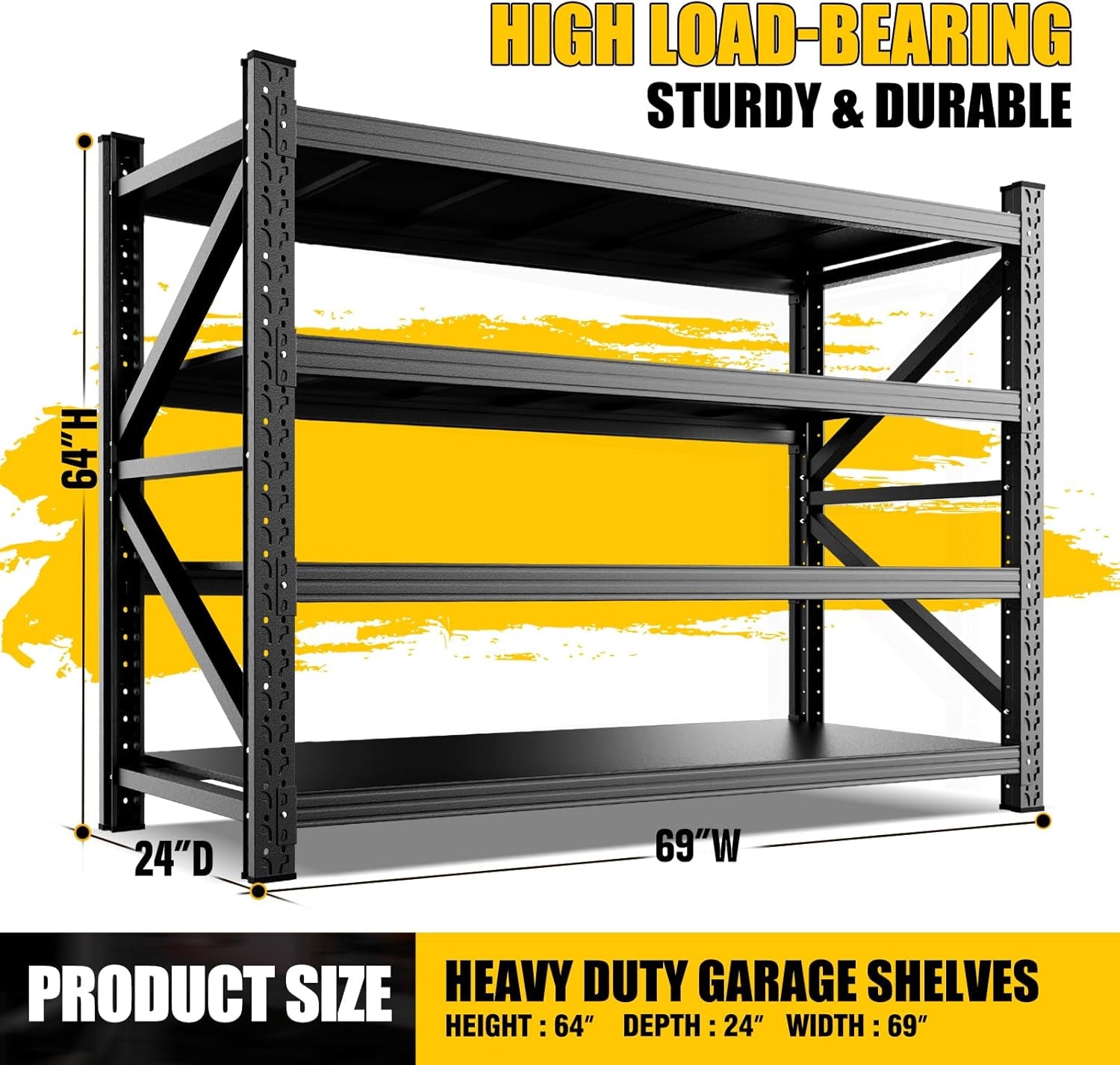 5000LBS Garage Shelving Heavy Duty, 4 Tier Adjustable Storage Shelves, Heavy Duty Metal Shelving Unit for Garage, Basement, Warehouse, Storage Room, Garage Storage Shelves, 69" W X 24" D X 64" H Black