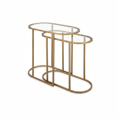 Strada Nesting Tables Set of 2 | Antique Brushed Brass and Clear Tempered Glass Top (Medium: 22 In. W X 19.5 In. H X 10.5 In. D; Large: 24 In. W X 22 In. H X 12.5 In. D)