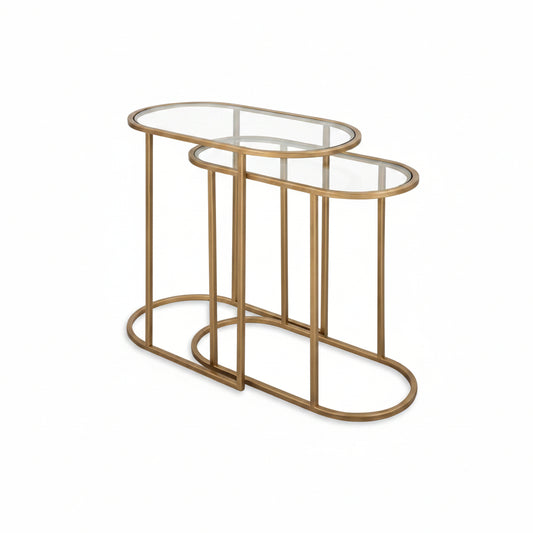 Strada Nesting Tables Set of 2 | Antique Brushed Brass and Clear Tempered Glass Top (Medium: 22 In. W X 19.5 In. H X 10.5 In. D; Large: 24 In. W X 22 In. H X 12.5 In. D)