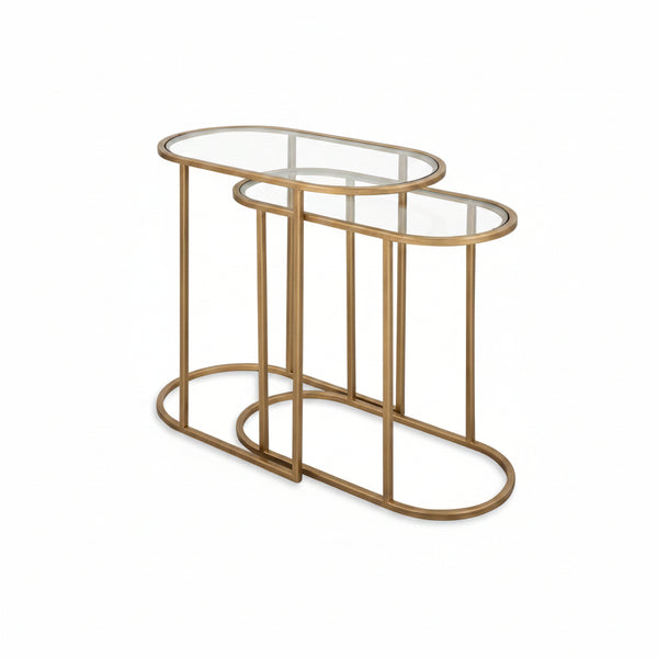 Strada Nesting Tables Set of 2 | Antique Brushed Brass and Clear Tempered Glass Top (Medium: 22 In. W X 19.5 In. H X 10.5 In. D; Large: 24 In. W X 22 In. H X 12.5 In. D)