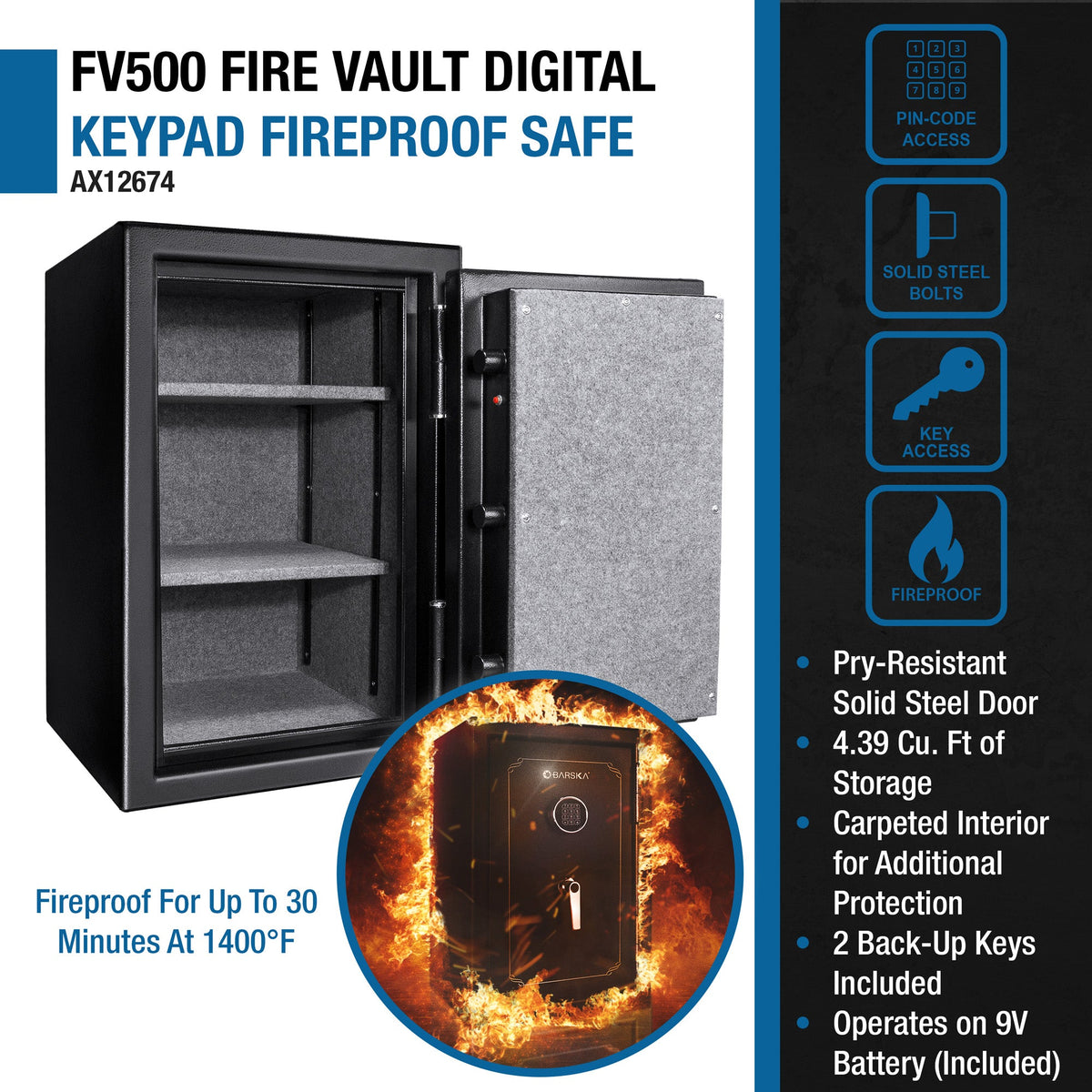 Fireproof Protection Safe Vault – Black Steel Safe with Electronic Keypad Lock