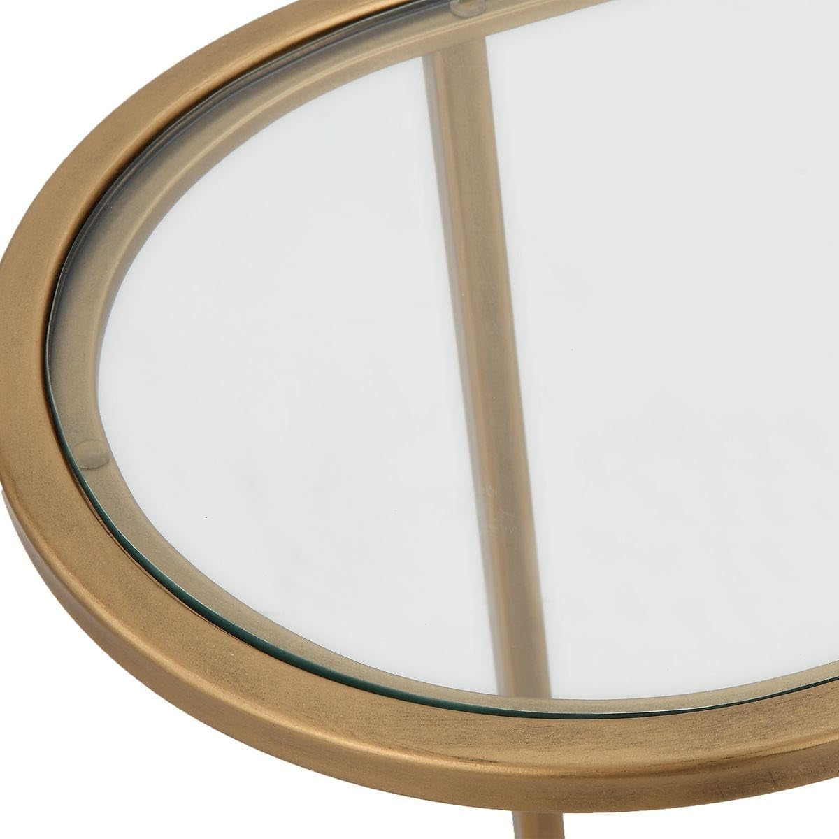Strada Nesting Tables Set of 2 | Antique Brushed Brass and Clear Tempered Glass Top (Medium: 22 In. W X 19.5 In. H X 10.5 In. D; Large: 24 In. W X 22 In. H X 12.5 In. D)