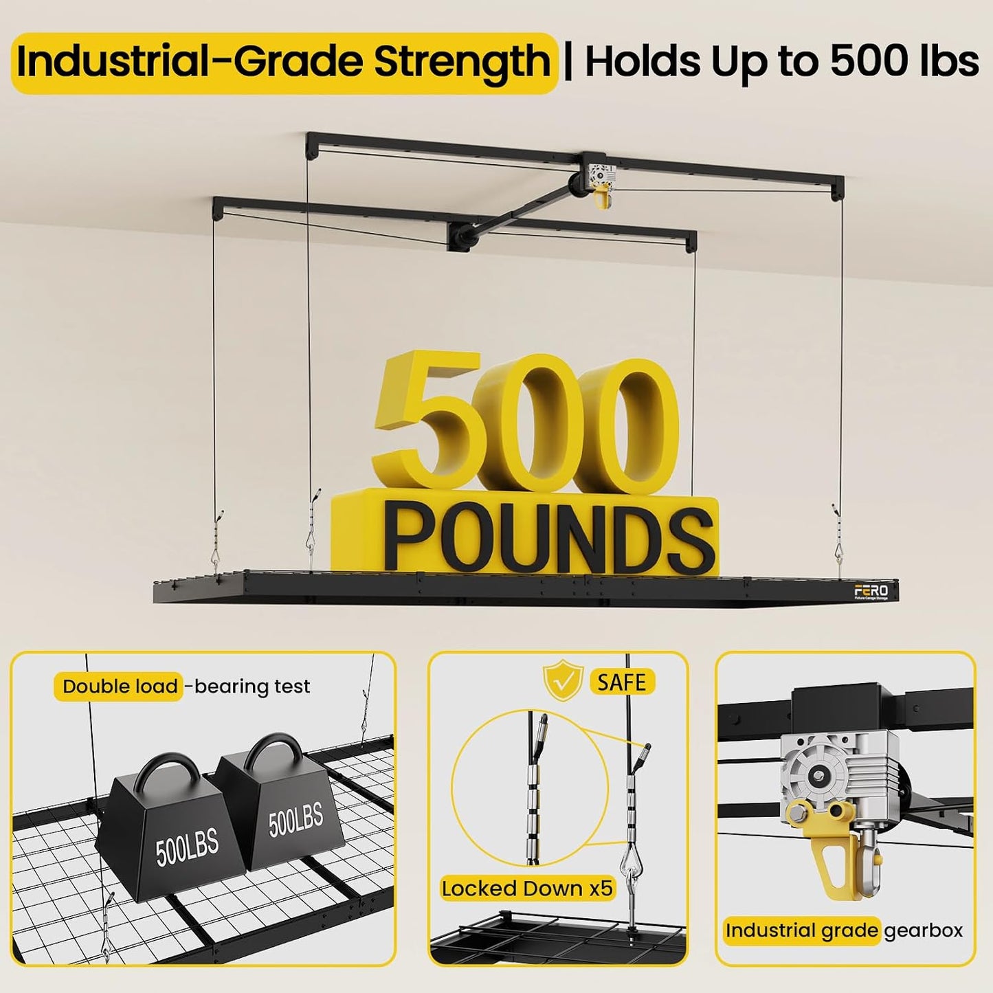Overhead Garage Storage Rack 4X8, 500 Lb Heavy-Duty Capacity, Ceiling Mounted Storage Lift with Safety Lock, Drop down Overhead Storage System, Garage Ceiling Hoist Organizer