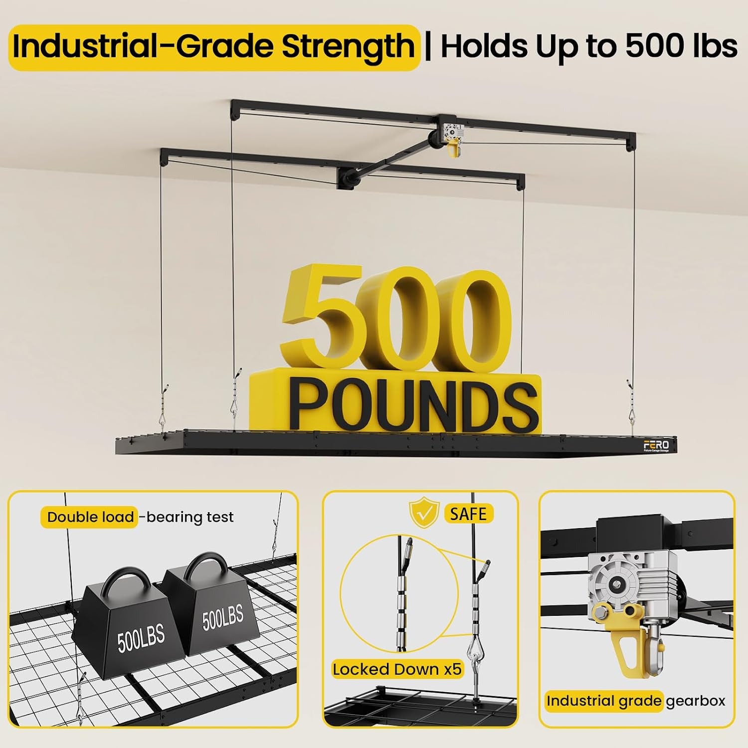 Overhead Garage Storage Rack 4X8, 500 Lb Heavy-Duty Capacity, Ceiling Mounted Storage Lift with Safety Lock, Drop down Overhead Storage System, Garage Ceiling Hoist Organizer