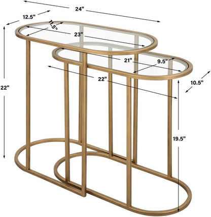 Strada Nesting Tables Set of 2 | Antique Brushed Brass and Clear Tempered Glass Top (Medium: 22 In. W X 19.5 In. H X 10.5 In. D; Large: 24 In. W X 22 In. H X 12.5 In. D)