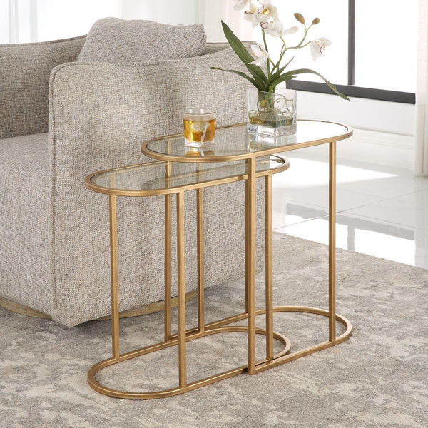 Strada Nesting Tables Set of 2 | Antique Brushed Brass and Clear Tempered Glass Top (Medium: 22 In. W X 19.5 In. H X 10.5 In. D; Large: 24 In. W X 22 In. H X 12.5 In. D)