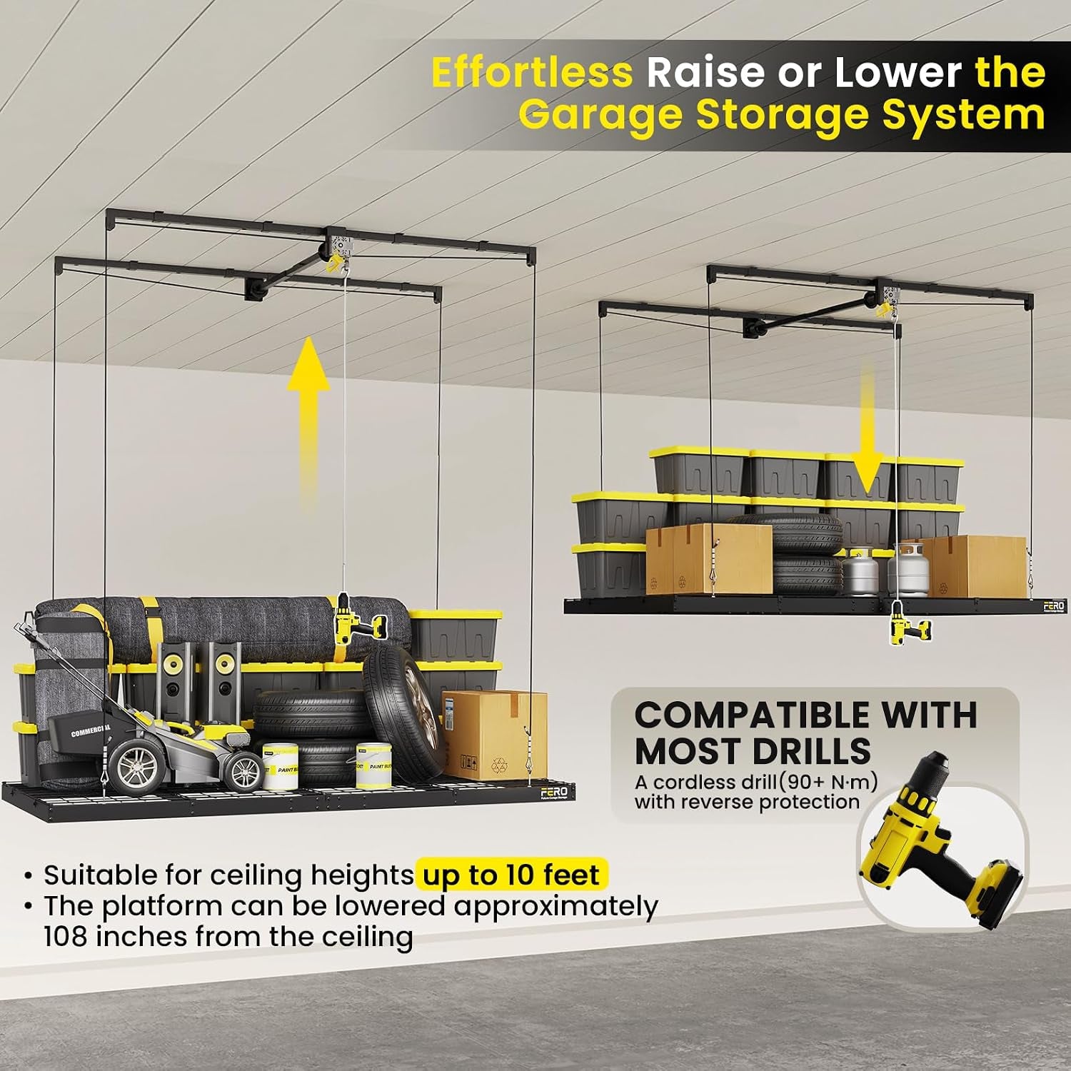 Overhead Garage Storage Rack 4X8, 500 Lb Heavy-Duty Capacity, Ceiling Mounted Storage Lift with Safety Lock, Drop down Overhead Storage System, Garage Ceiling Hoist Organizer
