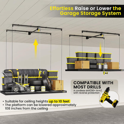 Overhead Garage Storage Rack 4X8, 500 Lb Heavy-Duty Capacity, Ceiling Mounted Storage Lift with Safety Lock, Drop down Overhead Storage System, Garage Ceiling Hoist Organizer