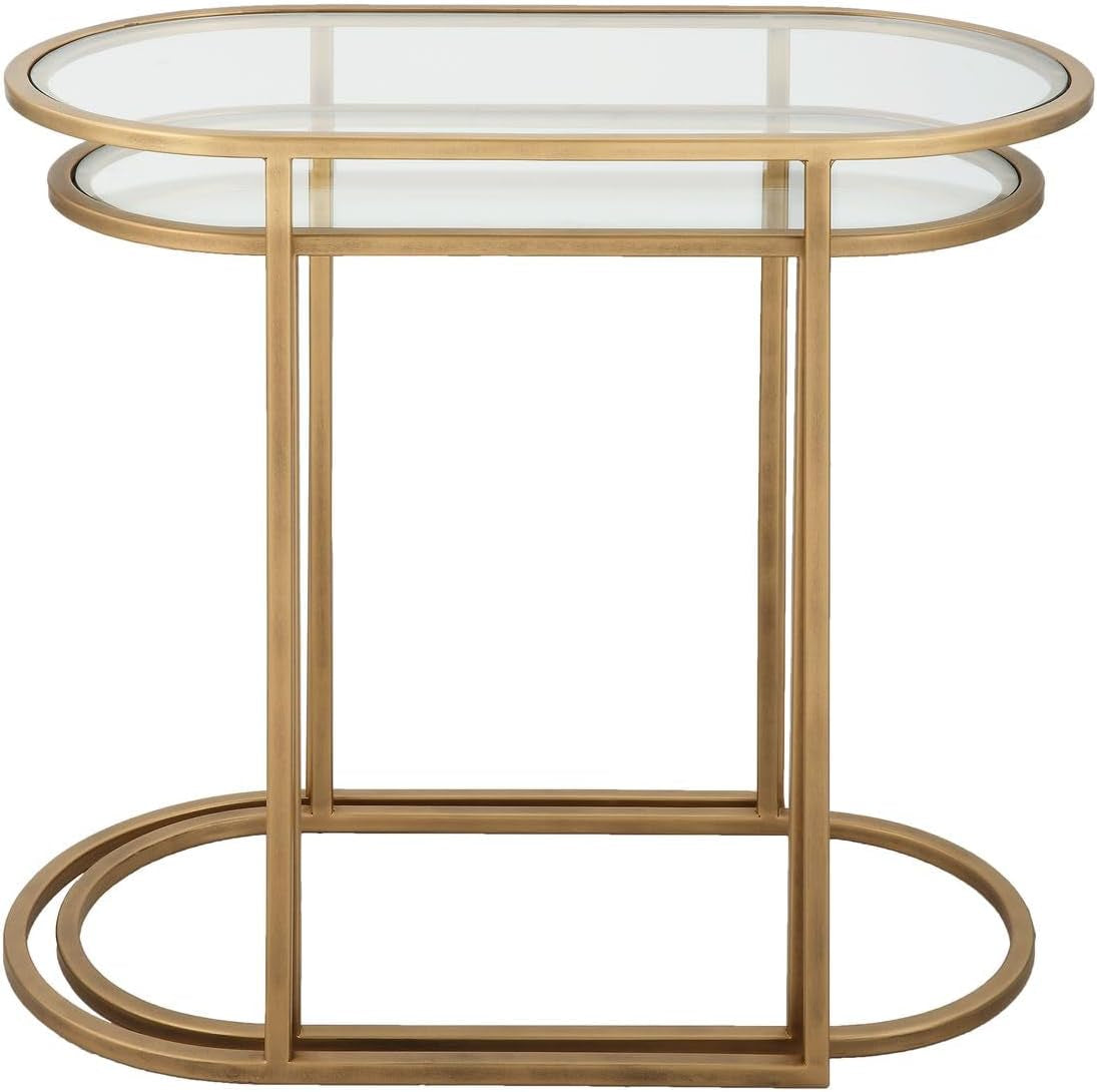 Strada Nesting Tables Set of 2 | Antique Brushed Brass and Clear Tempered Glass Top (Medium: 22 In. W X 19.5 In. H X 10.5 In. D; Large: 24 In. W X 22 In. H X 12.5 In. D)