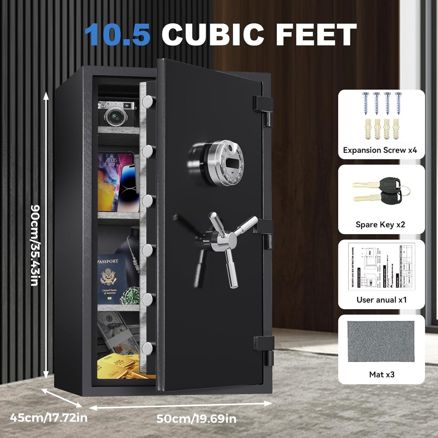 [60 Mins Fire Protection] [True to Size] 10.5 Cub Extra Large Biometric Waterproof Fireproof Home Safe, [Dual Mode] 185 Lbs Heavy Duty Fire Proof Safe with DIY Pegboard Door for Business Office