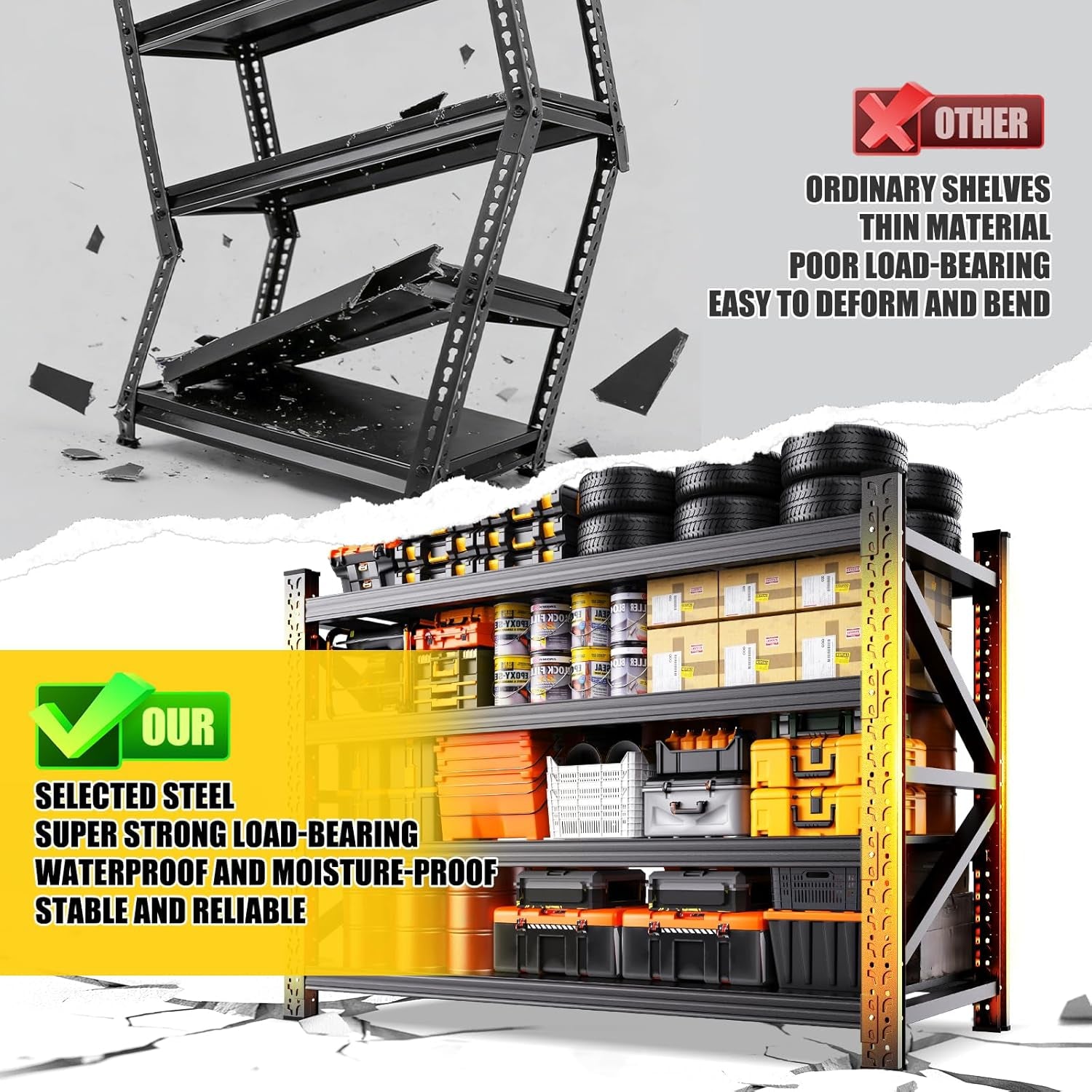 5000LBS Garage Shelving Heavy Duty, 4 Tier Adjustable Storage Shelves, Heavy Duty Metal Shelving Unit for Garage, Basement, Warehouse, Storage Room, Garage Storage Shelves, 69" W X 24" D X 64" H Black