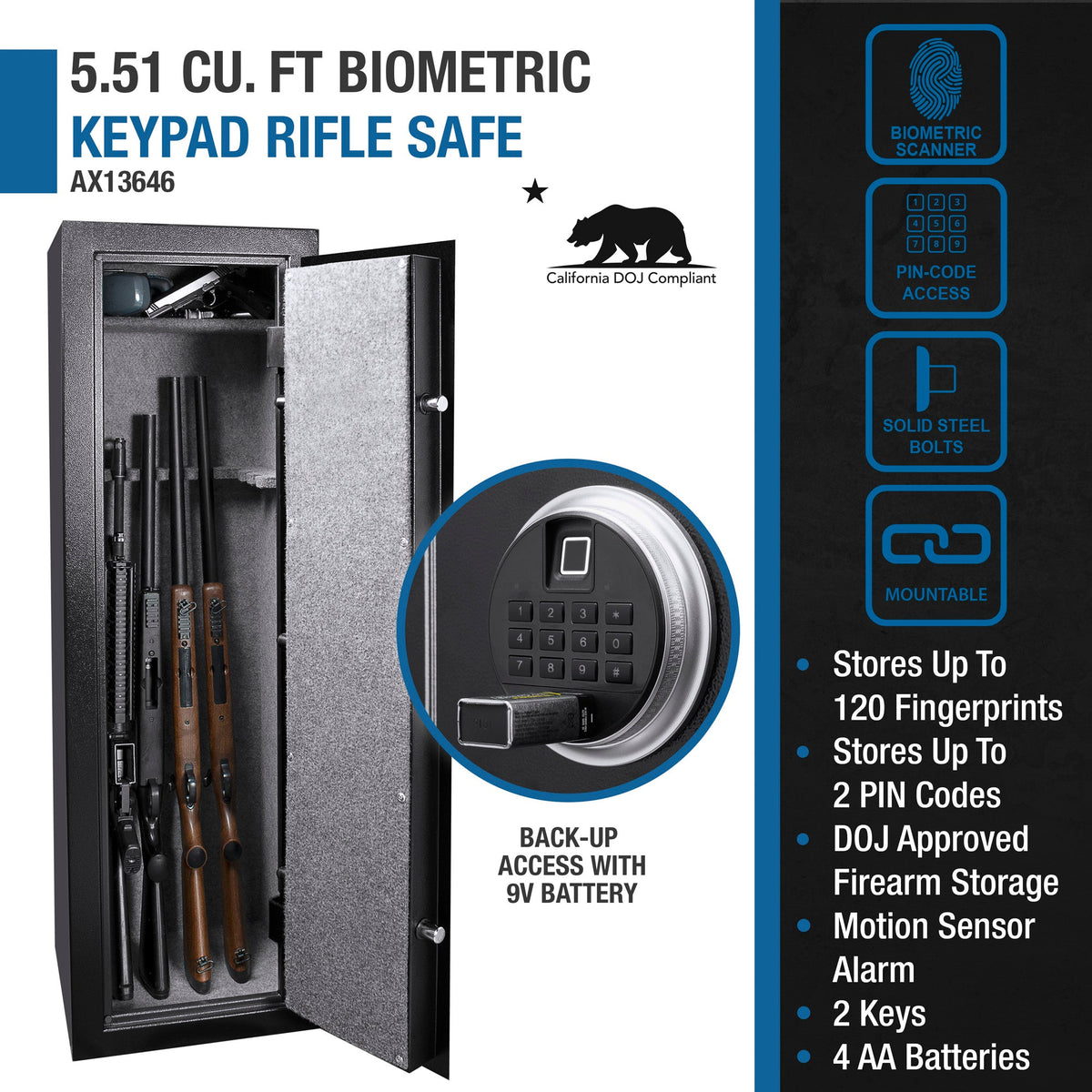 Biometric Keypad Rifle Safe – Black Steel Firearm Storage Cabinet