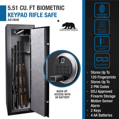 Biometric Keypad Rifle Safe – Black Steel Firearm Storage Cabinet