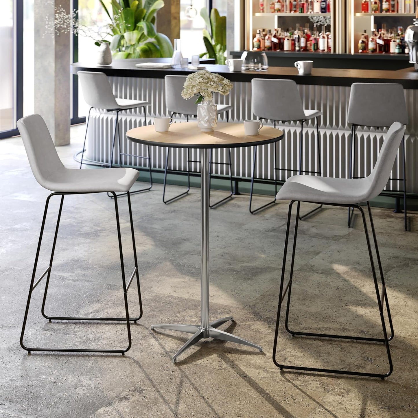 Lars Set of 5 Commercial Cocktail Tables - Natural Finish Birchwood Tops - 30" round - Includes 30'' and 42'' Columns - for Indoor/Outdoor Use