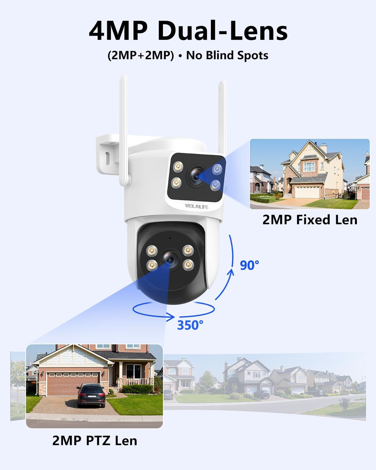 Wireless Security Camera System, 4MP PTZ Outdoor Wifi Video Surveillance | 350° PTZ Control, Color Night Vision, Motion Detection, 2-Way Audio, No Monthly Fee, Auto Tracking